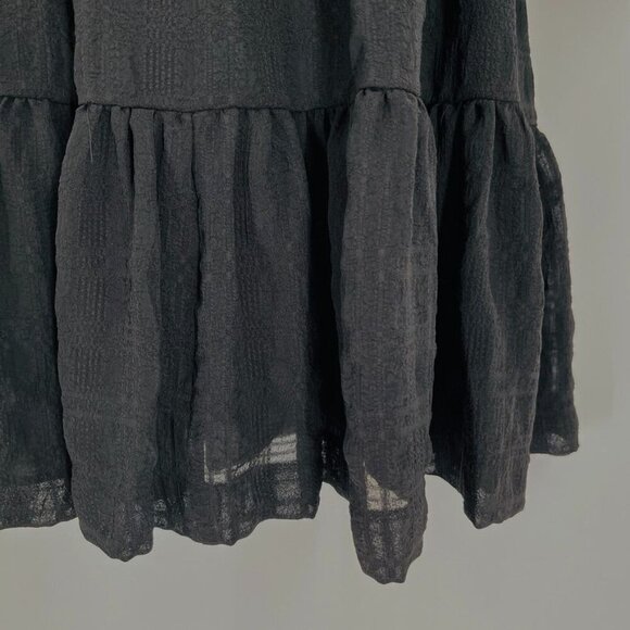 Madewell Puff-Sleeve Ruffle-Hem Mini Dress Size 00 Black Lined Woven Plaid - Picture 5 of 16